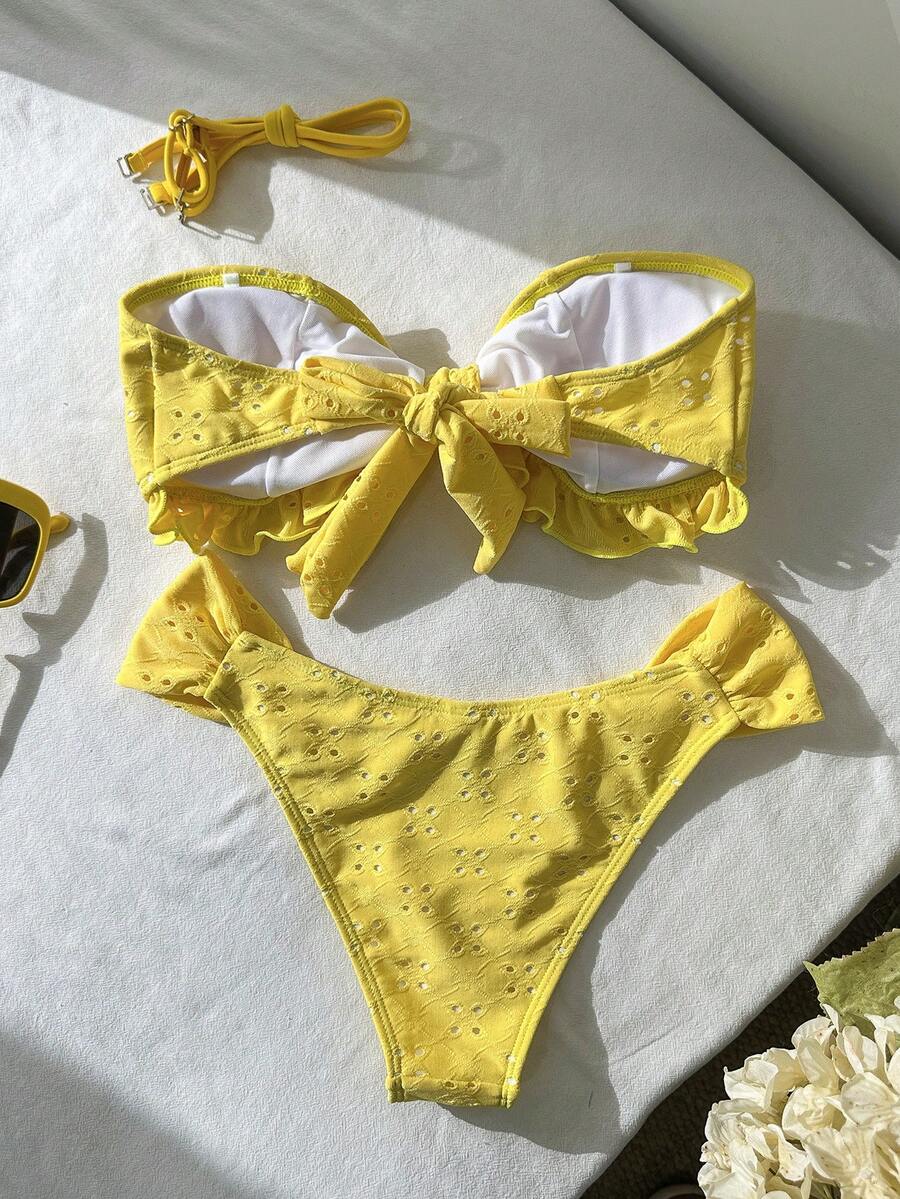Swim Vcay Spring/Summer Solid Color Strap Jacquard Fabric Wireless Bow Decor Cute Beach Vacation Swimwear Set