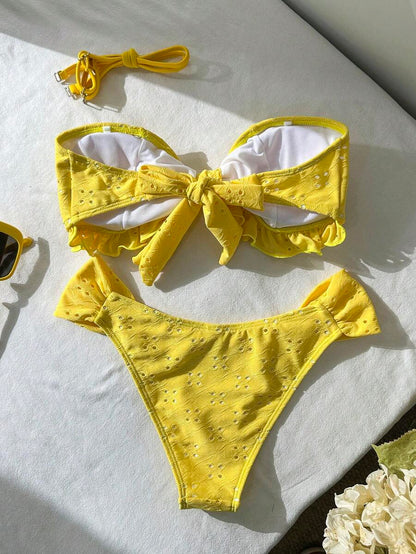 Swim Vcay Spring/Summer Solid Color Strap Jacquard Fabric Wireless Bow Decor Cute Beach Vacation Swimwear Set