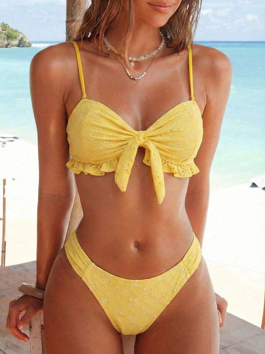 Swim Vcay Spring/Summer Solid Color Strap Jacquard Fabric Wireless Bow Decor Cute Beach Vacation Swimwear Set