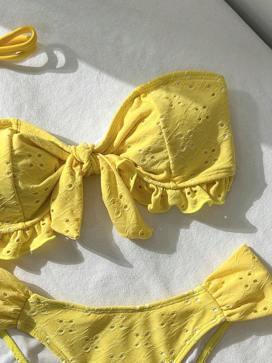 Swim Vcay Spring/Summer Solid Color Strap Jacquard Fabric Wireless Bow Decor Cute Beach Vacation Swimwear Set