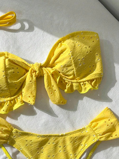 Swim Vcay Spring/Summer Solid Color Strap Jacquard Fabric Wireless Bow Decor Cute Beach Vacation Swimwear Set