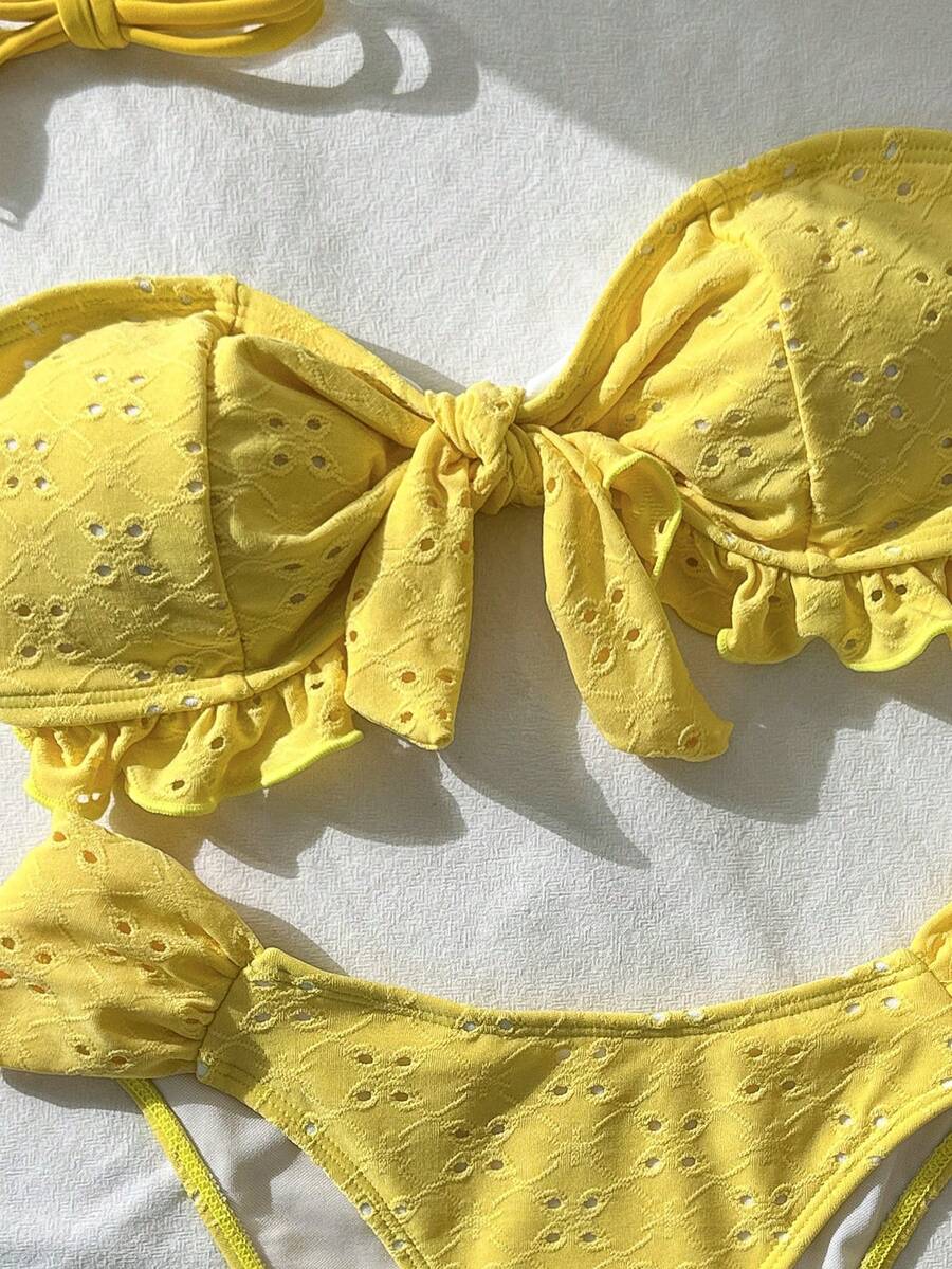 Swim Vcay Spring/Summer Solid Color Strap Jacquard Fabric Wireless Bow Decor Cute Beach Vacation Swimwear Set