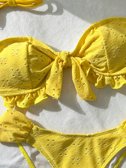Swim Vcay Spring/Summer Solid Color Strap Jacquard Fabric Wireless Bow Decor Cute Beach Vacation Swimwear Set