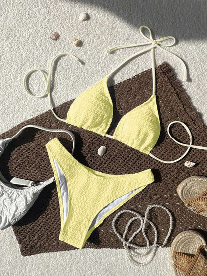 Women's Spaghetti Strap Halter Bikini Set - Tie Back, Side High Cut, Triangle Cup, White