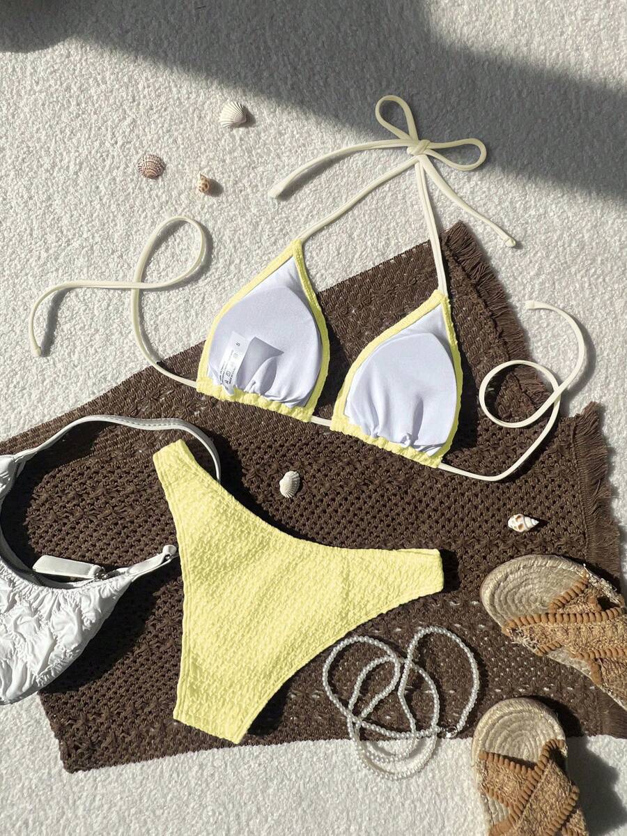 Women's Spaghetti Strap Halter Bikini Set - Tie Back, Side High Cut, Triangle Cup, White