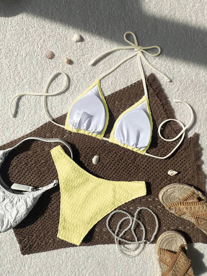 Women's Spaghetti Strap Halter Bikini Set - Tie Back, Side High Cut, Triangle Cup, White