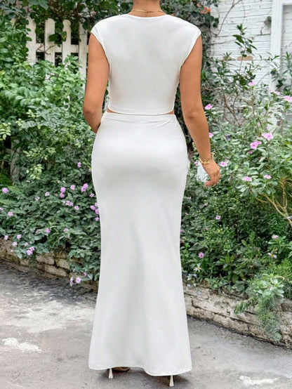 Maternity Clothes Maternity Co-Ord Set 2pcs Maternity Solid Color Sweetheart Cropped Top & Skirt Set Vacation White