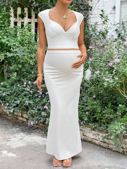 Maternity Clothes Maternity Co-Ord Set 2pcs Maternity Solid Color Sweetheart Cropped Top & Skirt Set Vacation White