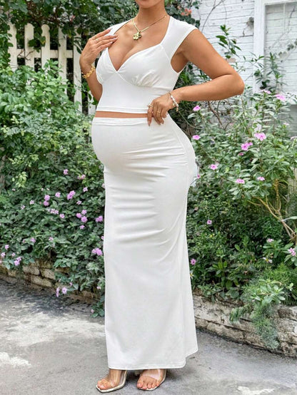Maternity Clothes Maternity Co-Ord Set 2pcs Maternity Solid Color Sweetheart Cropped Top & Skirt Set Vacation White
