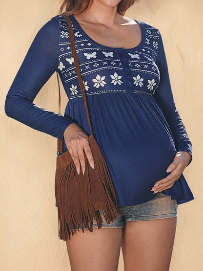 Blue Butterfly Print Button Half Placket Slim Fit T-Shirt - Long Sleeve Square Neck Boho Vacation Top with Flared Hem