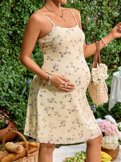 Maternity Boho Flora Cami Dress High Waist Spaghetti Strap Backless Summer Maternity Clothes for Beach Vacation