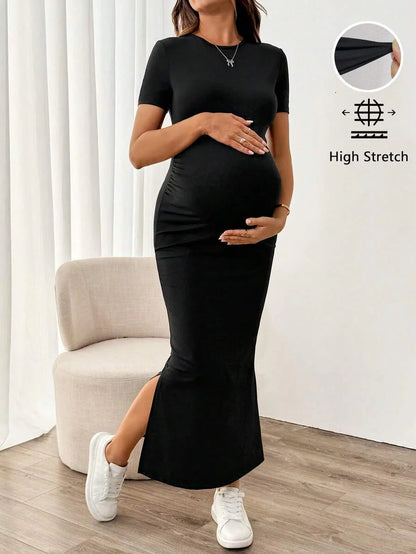 Maternity Bodycon Long Dress - Round Neck, Short Sleeve, Slim Fit, Pencil Hem, Army Green