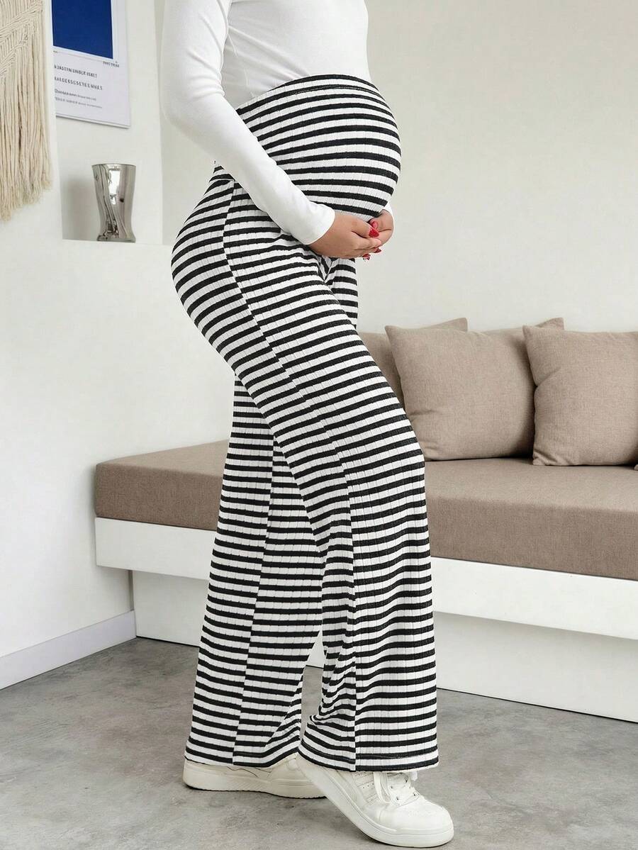 Maternity Plus Size High Waist Striped Wide Leg Pants - Black & Gray Knit Belly Support Lounge Trousers