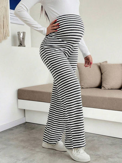 Maternity Wide Leg Pants - High Waist Striped Belly Support, Brown