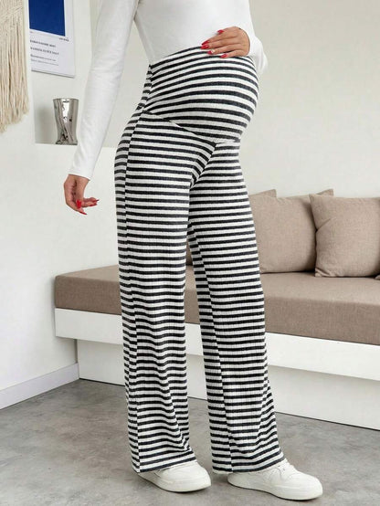 Maternity Wide Leg Pants - High Waist Striped Belly Support, Brown
