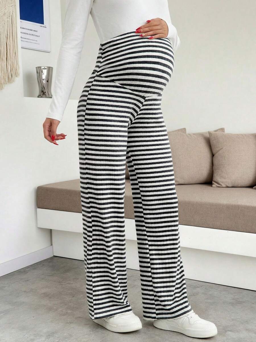 Maternity Plus Size High Waist Striped Wide Leg Pants - Black & Gray Knit Belly Support Lounge Trousers