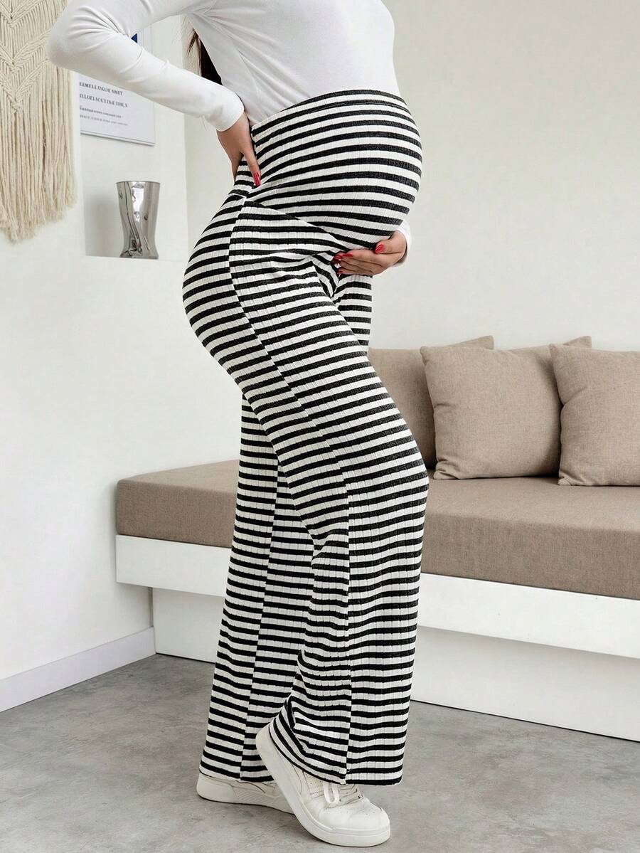Maternity Plus Size High Waist Striped Wide Leg Pants - Black & Gray Knit Belly Support Lounge Trousers