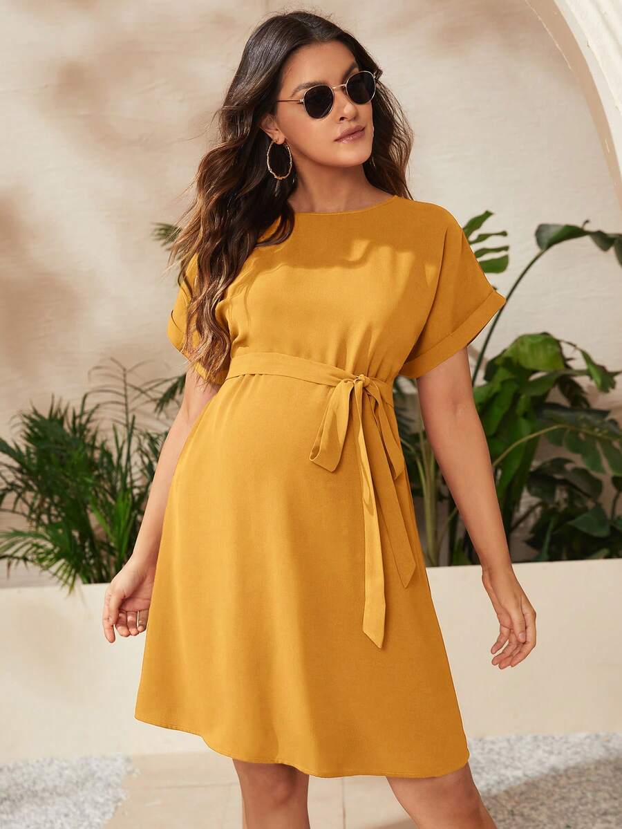 Maternity Short Batwing Sleeve Belted Tunic Dress, Casual High Waist Round Neck Flared Mini Outfit for Daily Wear, Apricot