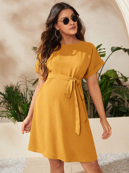 Maternity Short Batwing Sleeve Belted Tunic Dress, Casual High Waist Round Neck Flared Mini Outfit for Daily Wear, Apricot