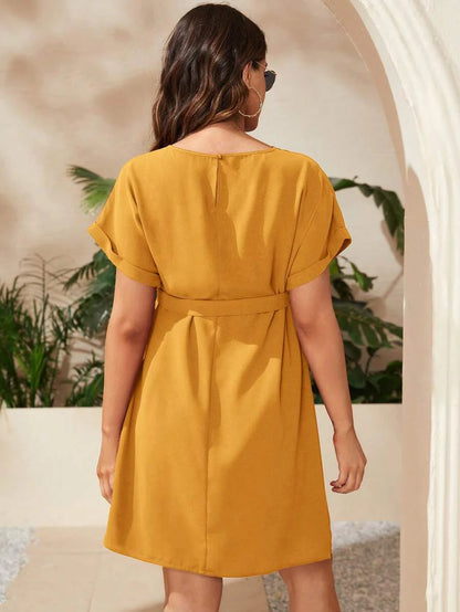 Maternity Short Batwing Sleeve Belted Tunic Dress, Casual High Waist Round Neck Flared Mini Outfit for Daily Wear, Apricot