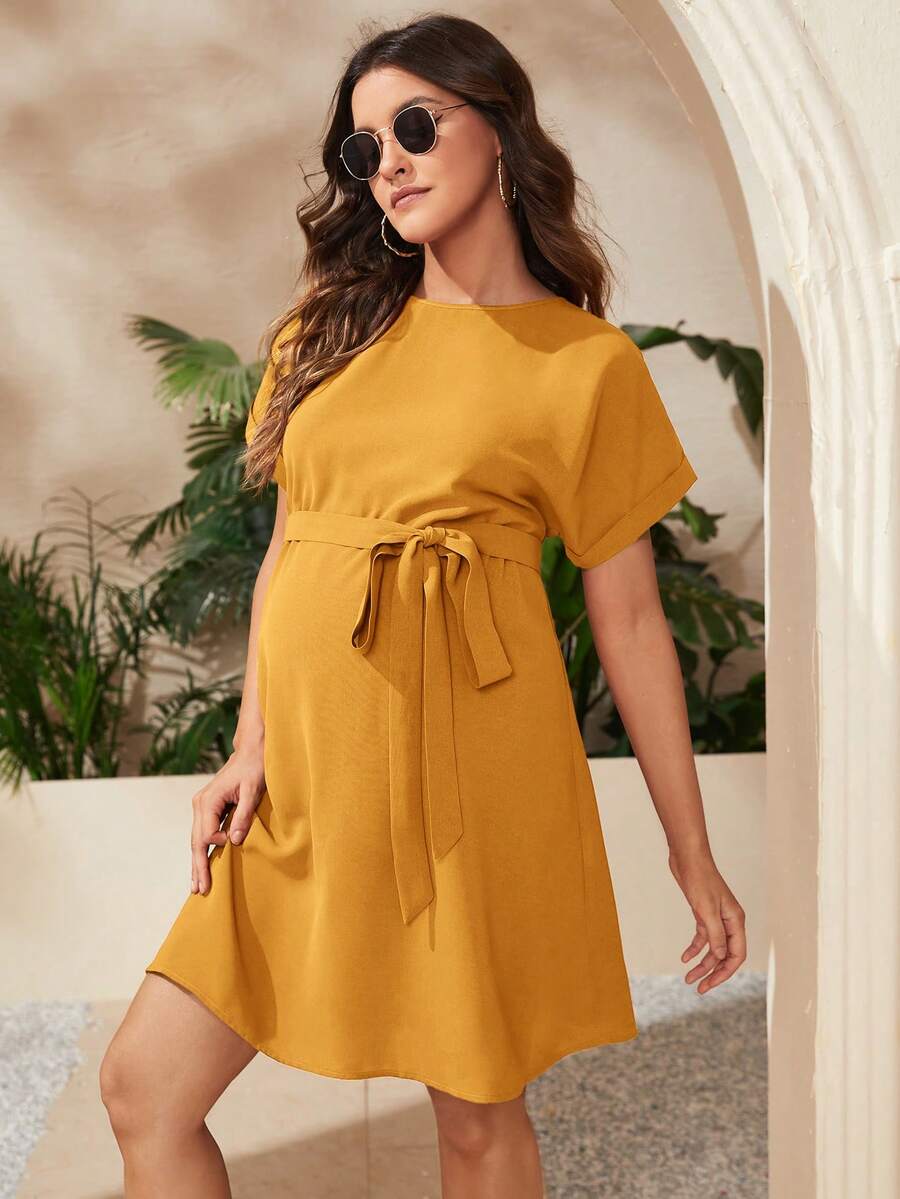 Maternity Short Batwing Sleeve Belted Tunic Dress, Casual High Waist Round Neck Flared Mini Outfit for Daily Wear, Apricot