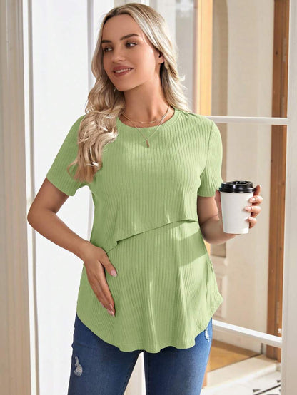Maternity Nursing T-Shirt - Khaki Short Sleeve Round Neck Loose Fit Cotton Knitted Asymmetrical Long Casual Summer Top