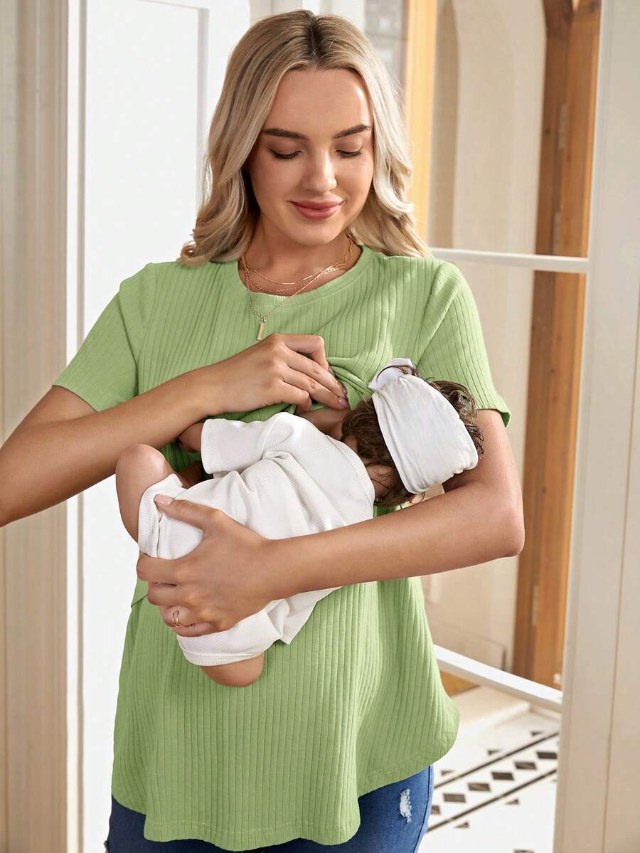 Maternity and Nursing Solid Blue Short Sleeve Top Loose Fit Rib-Knit High Stretch Round Neck Cotton Pregnancy Shirt