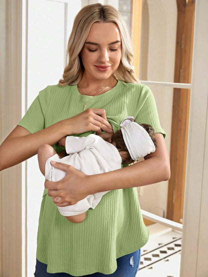 Maternity Nursing Top - Solid Color Round Neck Casual Short Sleeve Soft, Summer Breastfeeding