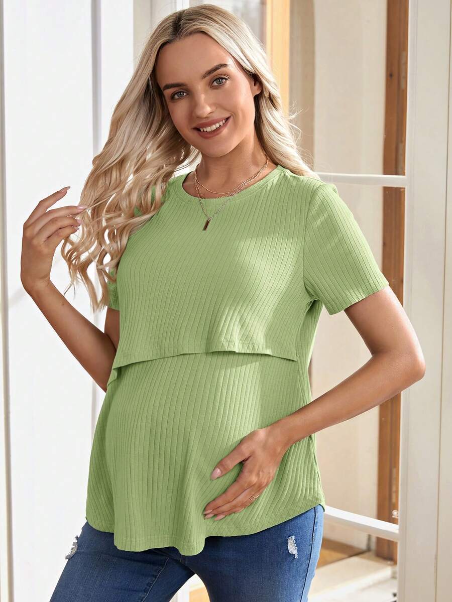 Maternity and Nursing Solid Blue Short Sleeve Top Loose Fit Rib-Knit High Stretch Round Neck Cotton Pregnancy Shirt