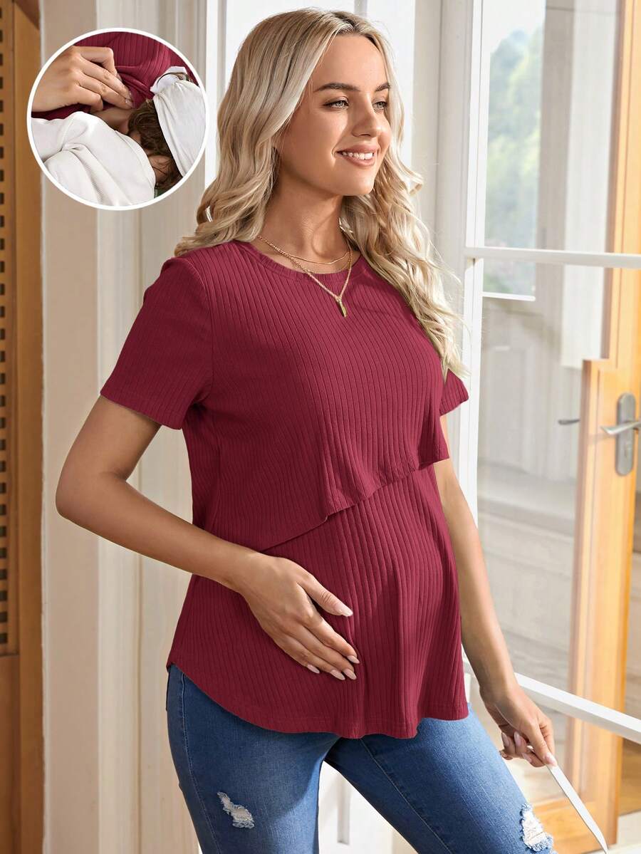 Maternity Nursing T-Shirt - Khaki Short Sleeve Round Neck Loose Fit Cotton Knitted Asymmetrical Long Casual Summer Top