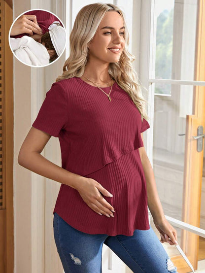 Maternity Nursing Ribbed Short Sleeve T-Shirt - Pink Round Neck Asymmetrical Hem Loose Fit Cotton Knit Maternity Top