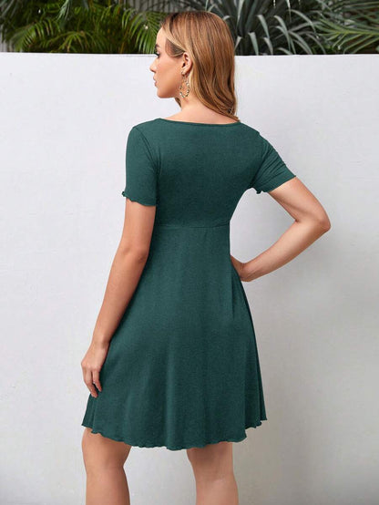 Army Green Maternity V Neck Ruched Drawstring A-Line Dress - Short Sleeve High Waist Flared Beach Mini Dress
