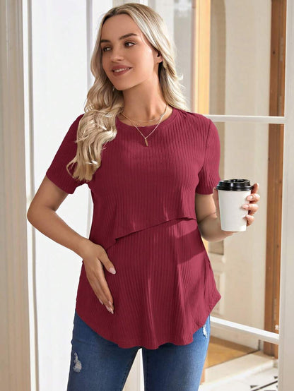 Maternity Nursing Top - Solid Color Round Neck Casual Short Sleeve Soft, Summer Breastfeeding