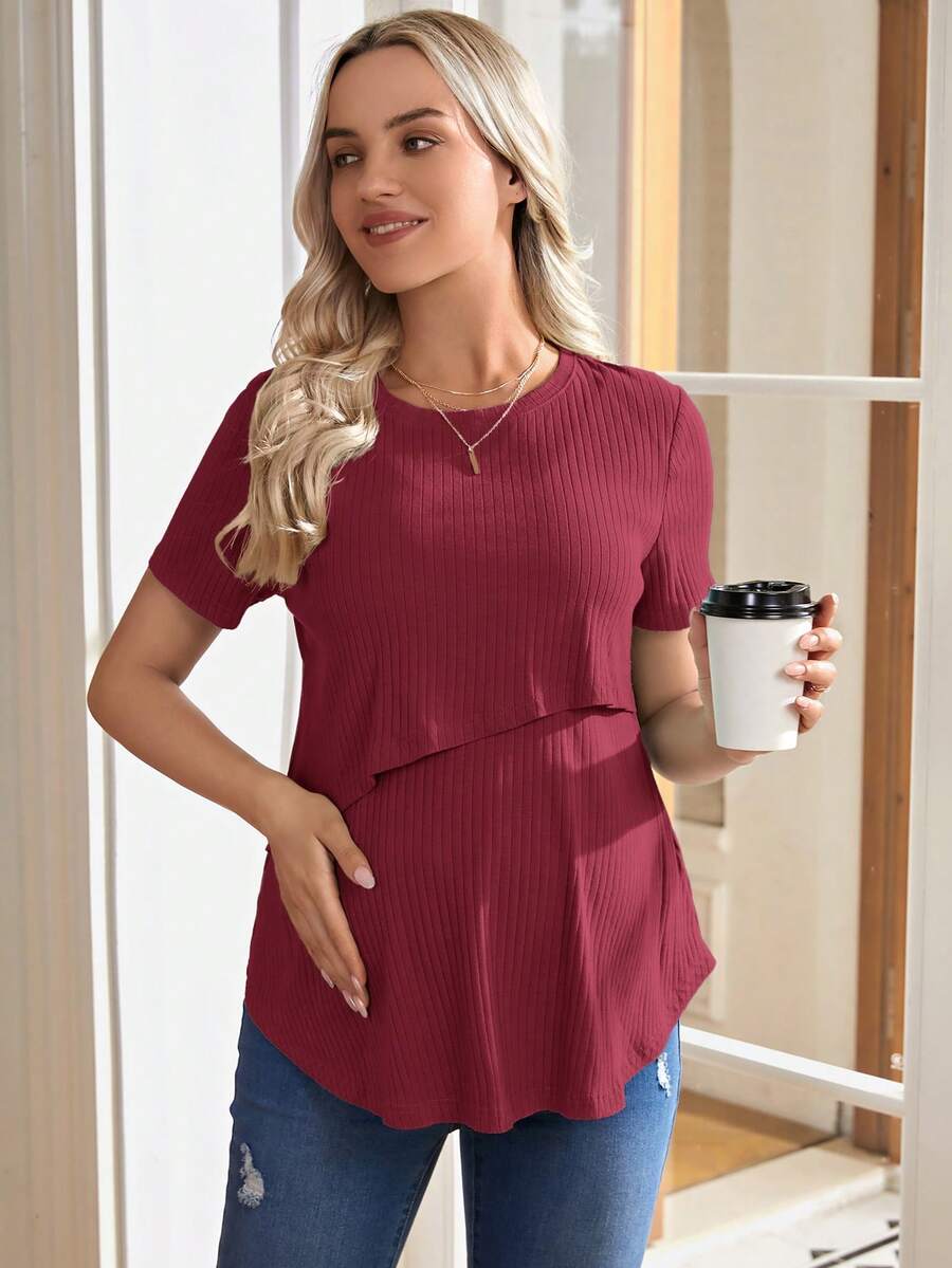 Army Green Nursing Top - Asymmetrical Loose Fit Cotton Short Sleeve Maternity T-Shirt with High Stretch