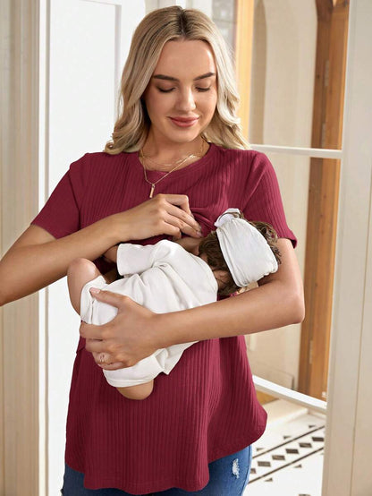 Maternity Nursing Ribbed Short Sleeve T-Shirt - Pink Round Neck Asymmetrical Hem Loose Fit Cotton Knit Maternity Top
