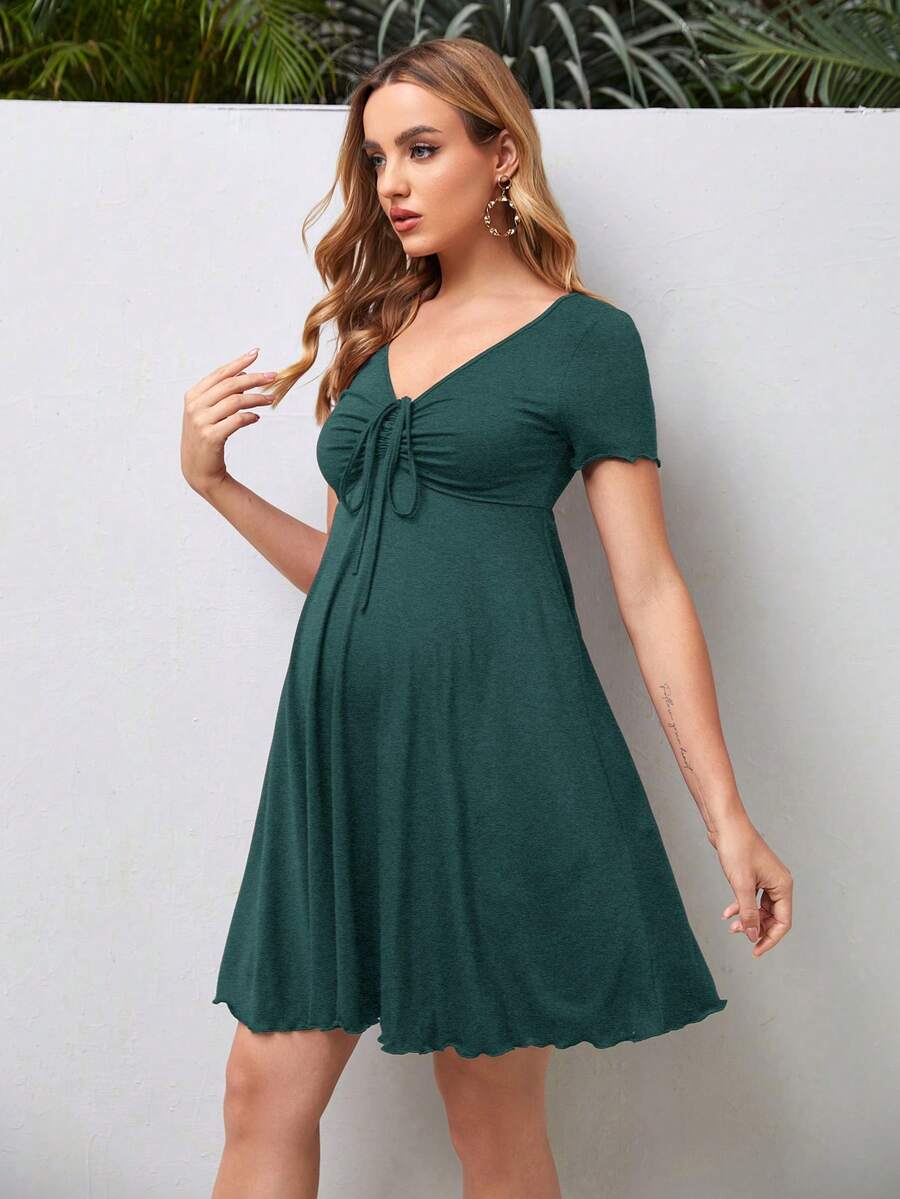 Maternity V-Neck Knot Front A-Line Dress - Short Sleeve Ruched High Waist Summer Dress for Daily Commute