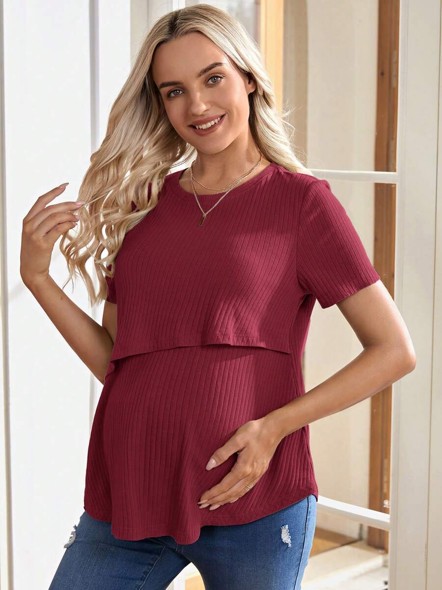 Maternity Nursing T-Shirt - Khaki Short Sleeve Round Neck Loose Fit Cotton Knitted Asymmetrical Long Casual Summer Top