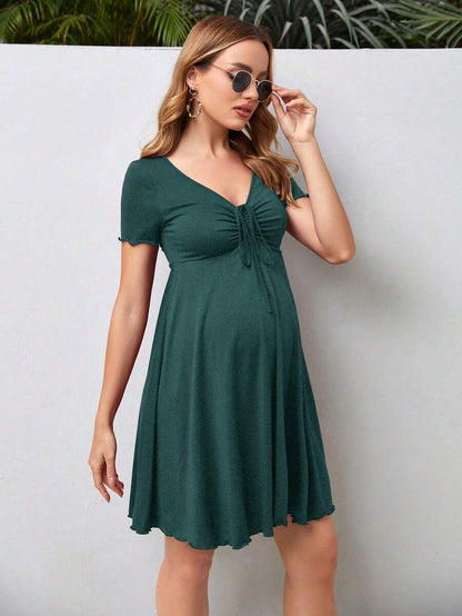 Maternity Drawstring Front Lettuce Trim Dress V-Neck Short Sleeve High Waist A-Line Flared Black Beach Sun Dress