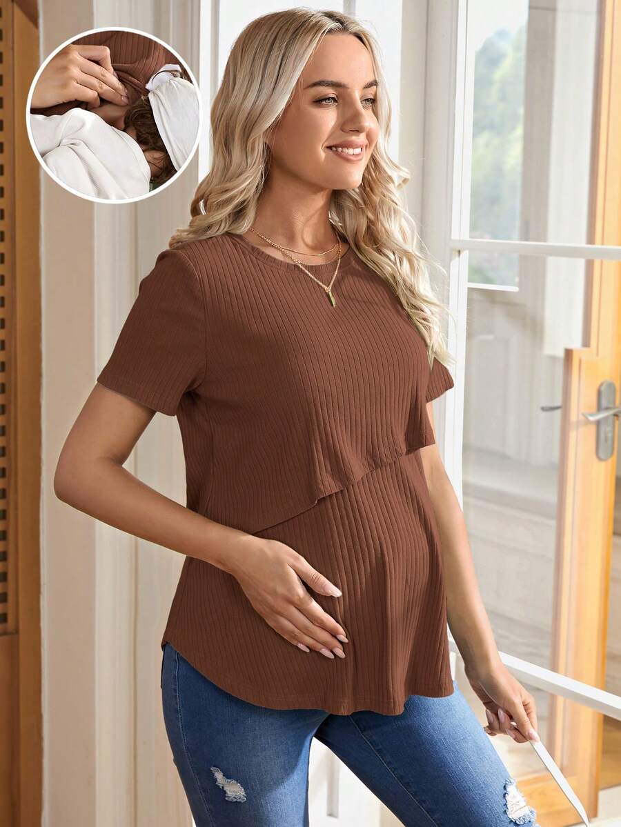 Maternity Nursing Ribbed Short Sleeve T-Shirt - Pink Round Neck Asymmetrical Hem Loose Fit Cotton Knit Maternity Top