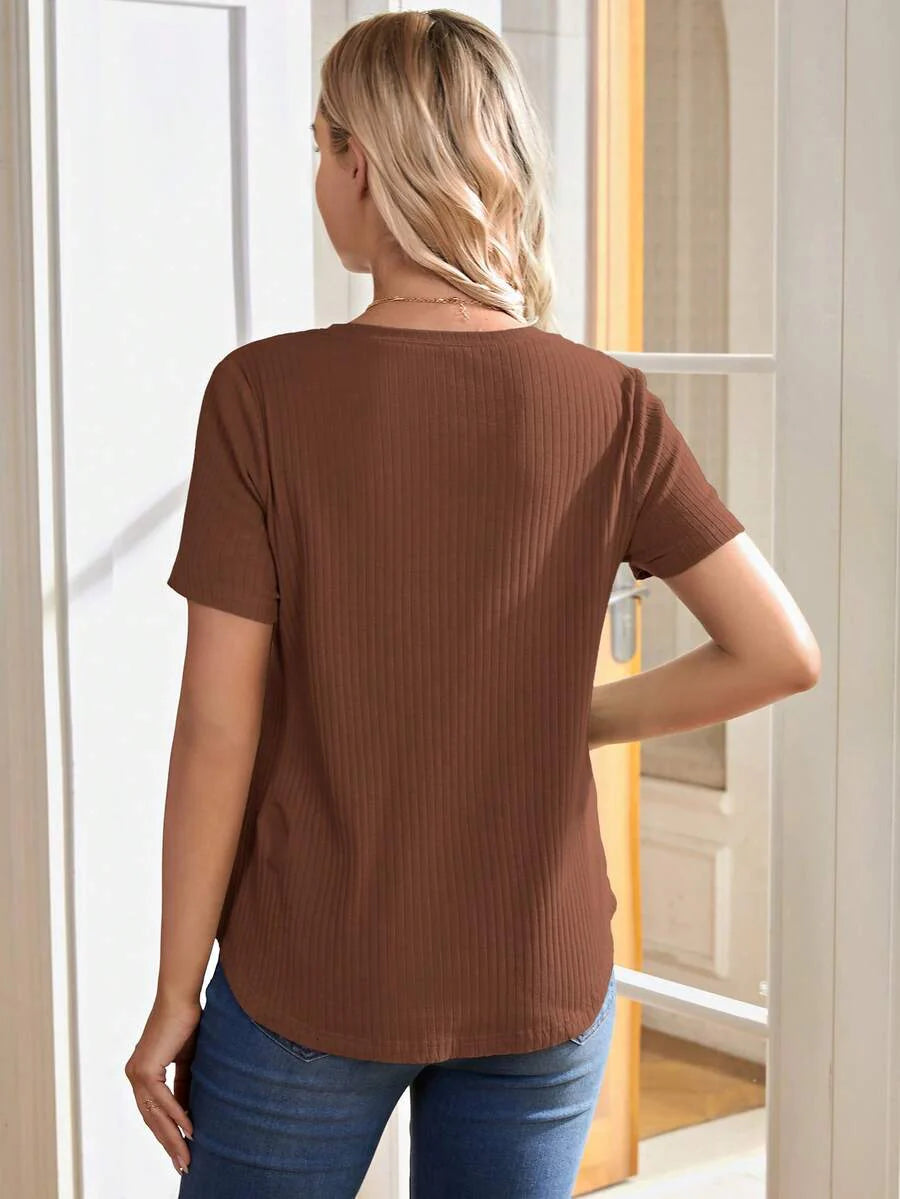 Maternity Nursing T-Shirt - Khaki Short Sleeve Round Neck Loose Fit Cotton Knitted Asymmetrical Long Casual Summer Top