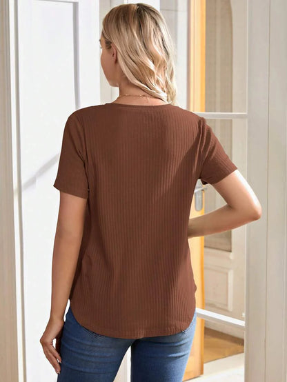Maternity Nursing T-Shirt - Khaki Short Sleeve Round Neck Loose Fit Cotton Knitted Asymmetrical Long Casual Summer Top