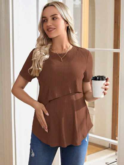 Maternity Nursing Top - Solid Color Round Neck Casual Short Sleeve Soft, Summer Breastfeeding