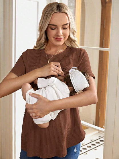 Maternity Nursing T-Shirt - Khaki Short Sleeve Round Neck Loose Fit Cotton Knitted Asymmetrical Long Casual Summer Top