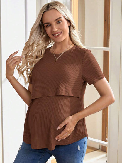 Maternity Nursing Top - Solid Color Round Neck Casual Short Sleeve Soft, Summer Breastfeeding