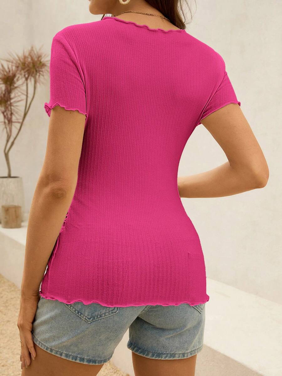 Maternity White Ribbed Summer Top - Lettuce-Edge Form-Fitting Short Sleeve