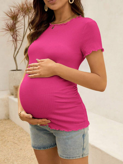 Maternity T-Shirt - Summer White Ribbed Lettuce-Edge Form-Fitting Short Sleeve, Soft Stretch