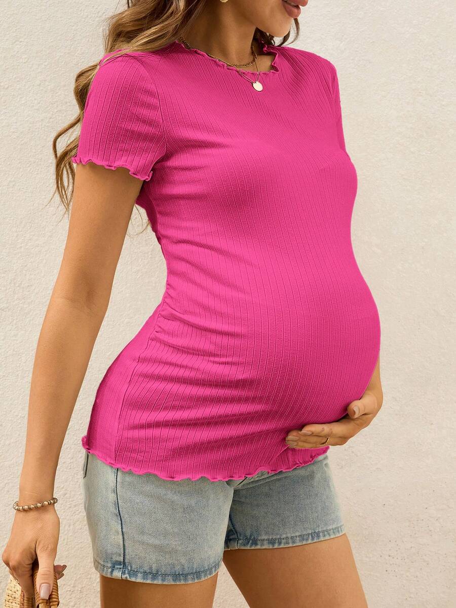 Maternity T-Shirt - Summer White Ribbed Lettuce-Edge Form-Fitting Short Sleeve, Soft Stretch
