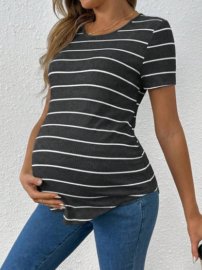Pink Striped Asymmetrical Hem Maternity T-Shirt - Slim Fit Short Sleeve Round Neck Casual Knit Top for Daily Wear