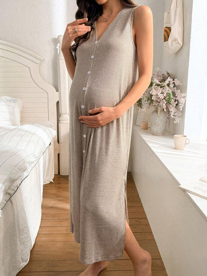 Khaki Knitted Ribbed Maternity Sleep Dress Sleeveless Button Up Long Nightgown with Side Slit for Daily Comfortable Loungewear