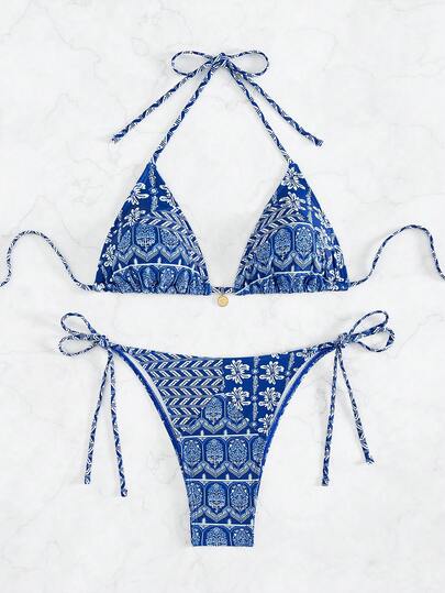 Women's 2-Piece Boho Halter Bikini Set - Knot Detail, Tie Side, Triangle Cup, Blue and White
